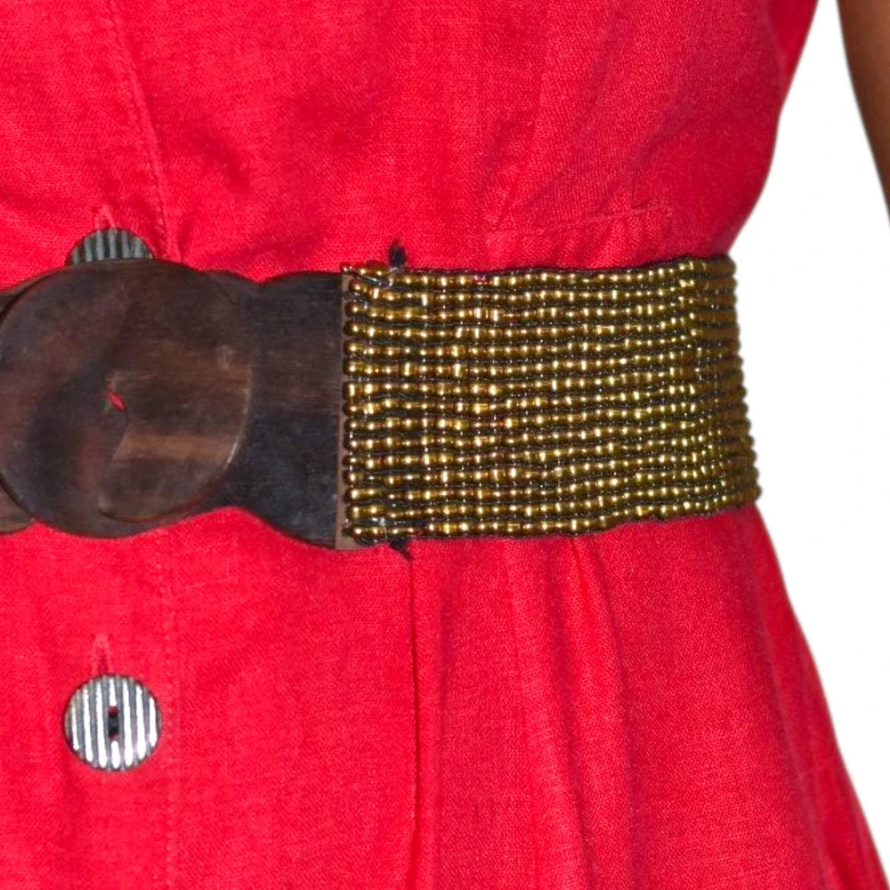 Beaded Cinch Belt Brown Stretchy Elastic Studs Waist Wooden Clasp Buckle Medium